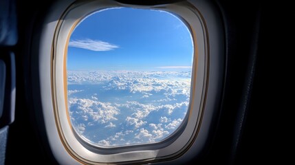 Naklejka premium Window to the Sky: A breathtaking vista of fluffy white clouds and vibrant blue sky unfolds, viewed through an airplane window.