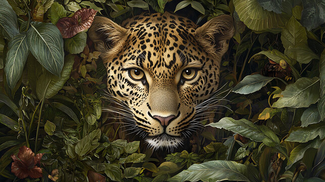 Leopard in jungle surrounded by lush greenery and vibrant foliage, exuding sense of mystery and wild beauty