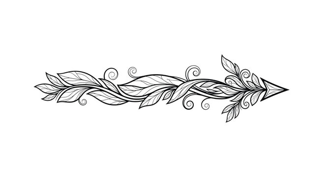 Artistic horizontal arrow composed of swirling leafy vines and delicate foliage in black and white line art for elegant directional signage.