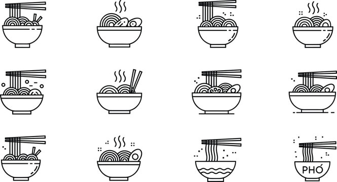 Authentic Asian noodle and pho bowl vector line icon set featuring chopsticks, ramen, soup with eggs, and steaming dishes for restaurant menu design, food delivery apps, and oriental culinary branding