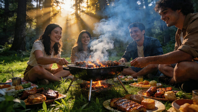 Friends outdoor BBQ party on green lawn with charcoal grill smoke, forest background, golden sunlight Tyndall effect, cinematic lighting, warm tones, lifestyle photography, for marketing social media