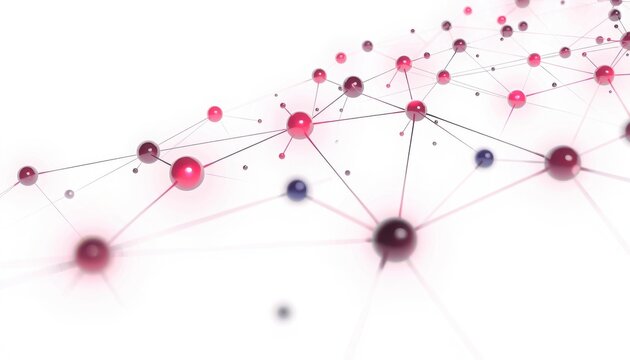 Abstract network of glowing nodes connected by lines on a white background, symbolizing connection and data flow, macro photography, point to point