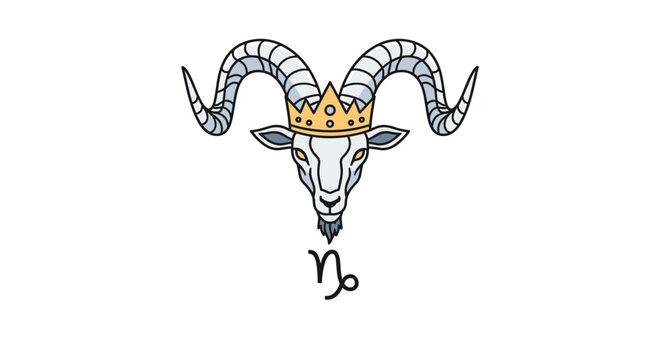 Detailed zodiac illustration of a mountain goat or ram head wearing a gold crown with the Capricorn sign symbol below it.
