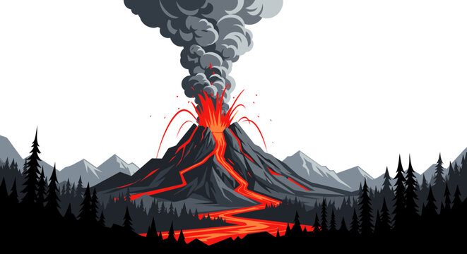 Volcano Eruption with Lava Flow and Smoke Plume