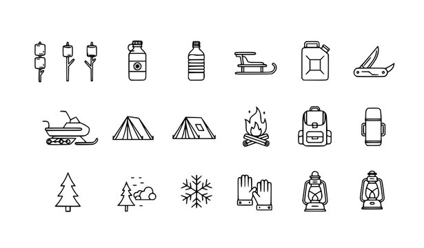 Modern winter camp linear icon pack with sled snowmobile marshmallows and outdoor camping elements