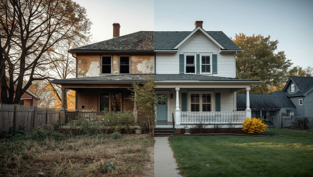 Renovation before and after split view of suburban house showing restored porch and siding