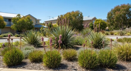 Fototapeta premium A sunlit landscaping scene of a residential area, with vibrant drought-tolerant plants