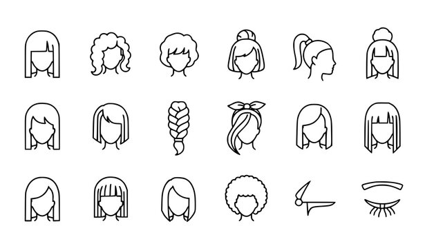 Modern hairstyles linear icon pack with women hair styles ponytail braid and beauty salon elements