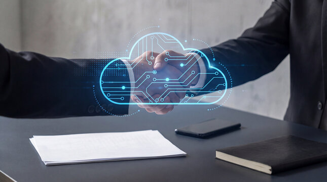 Business partners shaking hands with a digital cloud icon symbolizing cloud computing agreement