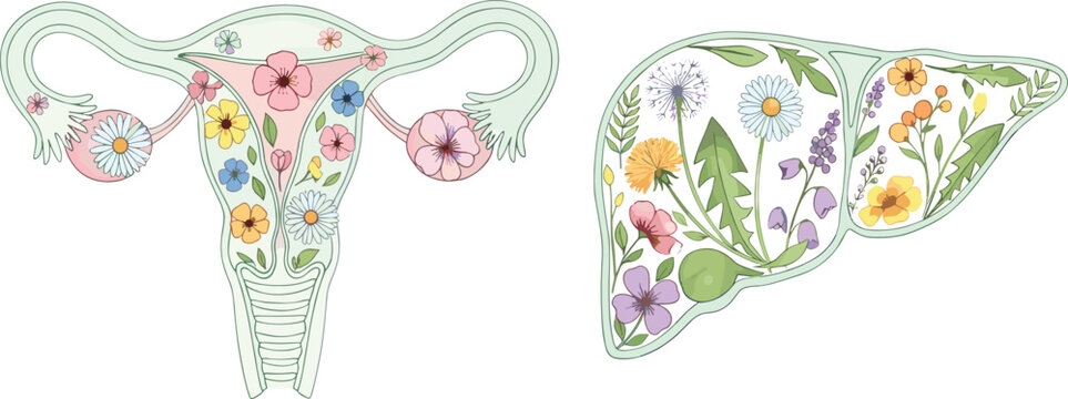 Flat vector floral anatomical illustration of a uterus and liver decorated with colorful spring wildflowers and leaves on a white background.