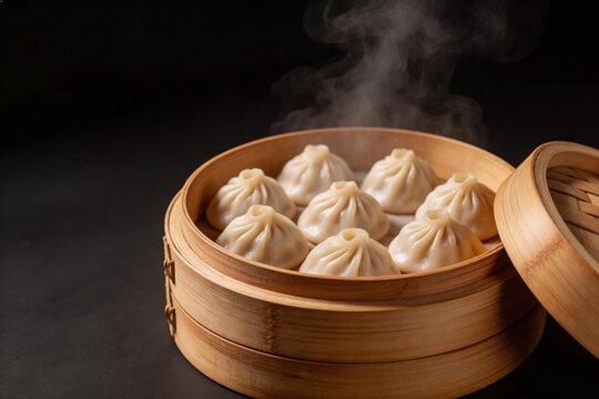 Steaming dumplings in bamboo steamer