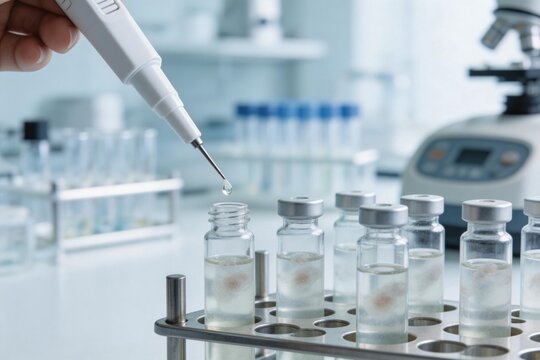 Laboratory vials with liquid being dispensed