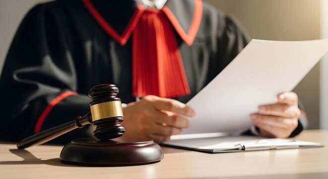 Judge in a courtroom reviewing documents with a gavel on the desk