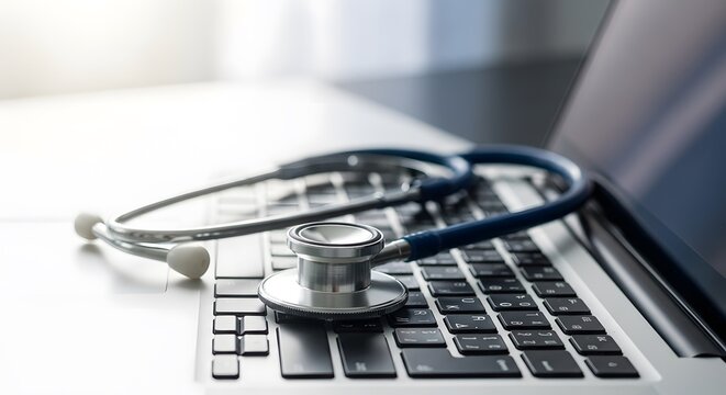 Stethoscope on a laptop keyboard in a medical office setting with blurred background