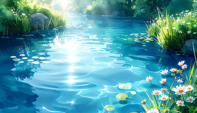 透き通る水辺の水草のある風景水彩風イラスト_generated by AI