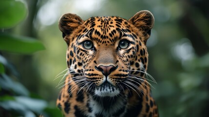 Obraz premium amur leopard staring through dense forest, generative ai