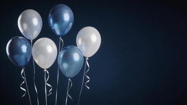 Blue and white balloons on dark background