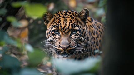 Obraz premium amur leopard staring through dense forest, generative ai