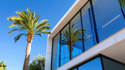 Fototapeta premium Modern Architectural Design of a Luxurious House Surrounded by Lush Palm Trees Against a Clear Blue Sky