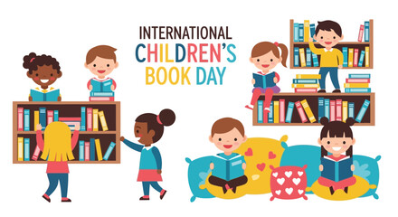 Illustration of diverse children reading books and interacting with shelves on International Children's Book Day with colorful, educational illustrations. © parman