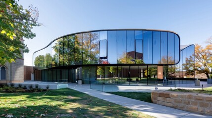 Fototapeta premium Modern architectural design featuring sleek glass exterior, curvilinear shapes, and lush landscaping in urban setting