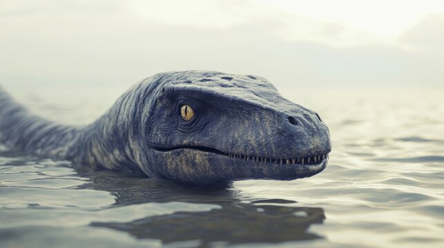 elasmosaurus head emerging from calm prehistoric sea, generative ai