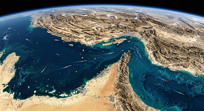 A breathtaking high altitude satellite view capturing the narrow Strait of Hormuz flowing between the Arabian Peninsula and the rugged Iranian coast