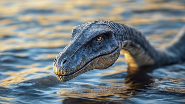 elasmosaurus head emerging from calm prehistoric sea, generative ai