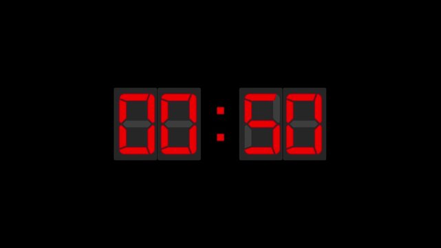 Digital clock display showing the timer in a glossy 3D seven-segment style on a black background. Futuristic design with representing time, technology, precision, countdown, and scheduling concept.