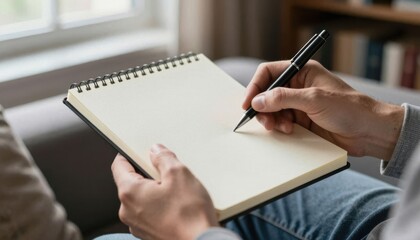 Fototapeta premium Young professional writing notes in notebook on couch with natural light for business planning