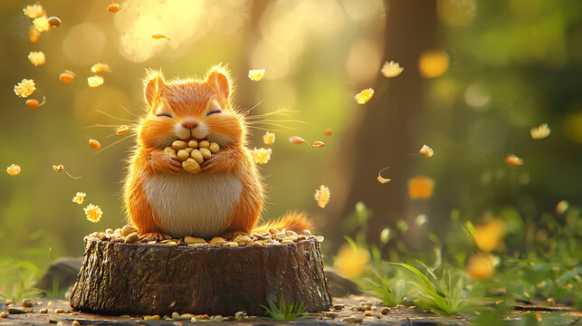 Cheerful chipmunk with cheeks full of nuts and seeds sits on tree stump, surrounded by flowers and soft, glowing background
