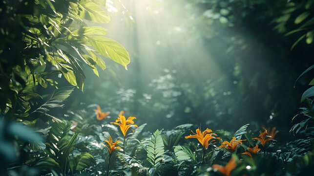 Sunbeams penetrate a lush green jungle, illuminating a patch of orange lilies.