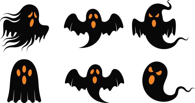 Stylized spooky ghost illustrations with orange facial features, vector design set for Halloween decorations, horror art, scary cartoon,