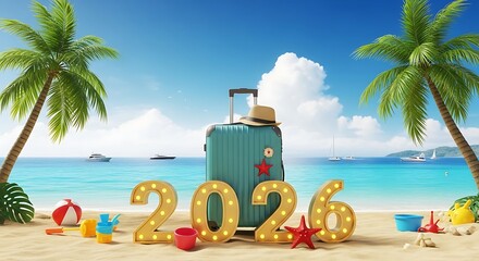 Obraz premium Beach vacation travel concept with suitcase and toys on sandy shore by palm trees