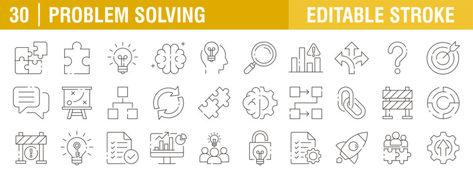 Collection of problem solving icons. Solution, maze, answer, resolve, issue and more. Vector design templates, signs, symbols, and editable strokes.