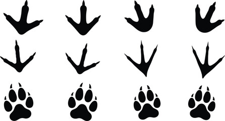 Silhouette illustrations of bird and mammal footprints, vector track design set showing animal paw prints, nature wildlife art,  © Mst