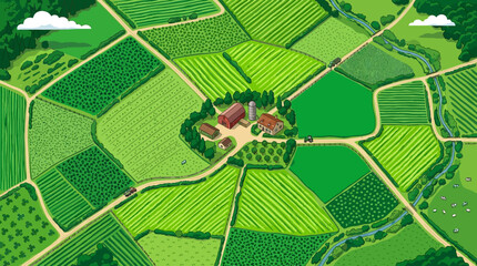 Fototapeta premium Aerial View of Agricultural Fields and Farmland Landscape