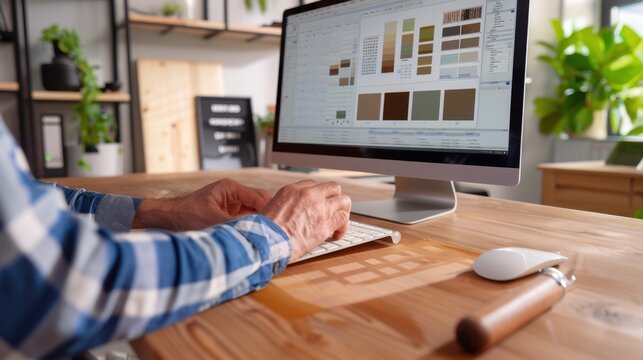 Close-Up of Hands Typing on Keyboard While Working on Computer with Color Palettes and Design Concepts in Bright Office Environment
