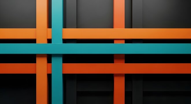 Intersecting orange and teal rectangular bars layered over a dark grey background