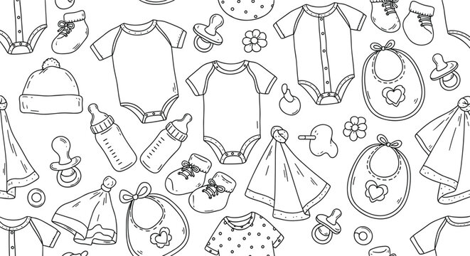 Hand drawn baby items seamless pattern with clothes toys bottles pacifiers and accessories doodle style nursery background design