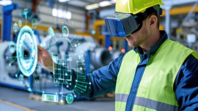 Worker in Safety Gear Using Virtual Reality Technology for Industrial Application in Modern Manufacturing Environment