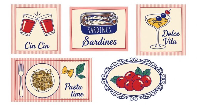 Italian Food and Drink Vector Illustrations Set, Cin Cin, Sardines, Pasta Time, Dolce Vita, Cranberries, Hand-Drawn Style, Vintage Elements, Decorative Frames, Copy Space