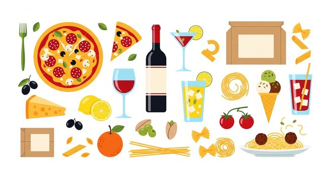Italian Food and Drinks Vector Illustration: Pizza, Pasta, Wine, Ice Cream, Cocktails & Ingredients for Restaurant Menu or Food Blog Design