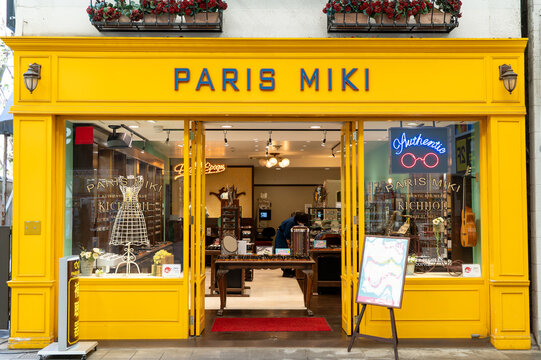 MUSASHINO, TOKYO, JAPAN - MARCH 24, 2026: The storefront exterior of Paris Miki eyewear shop, featuring its branding and architecture in the Kichijoji area of Musashino, Tokyo.