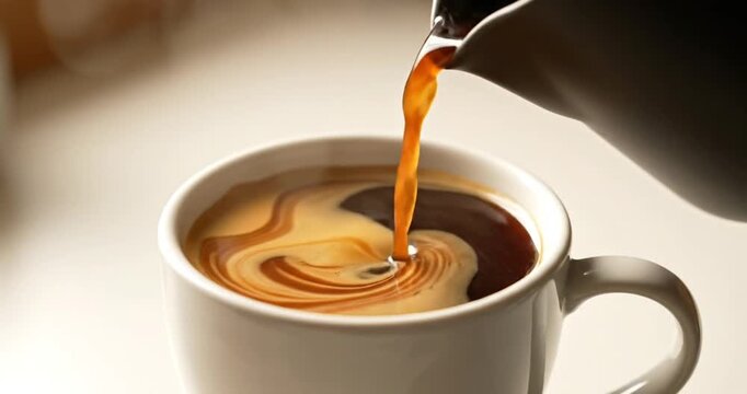 A close-up of coffee being poured into a white cup, creating swirling patterns in the drink