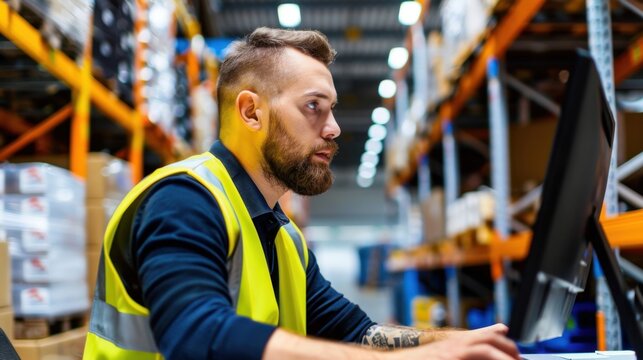 Focused Male Warehouse Worker Wearing Safety Vest Working on Computer in Distribution Center Environment