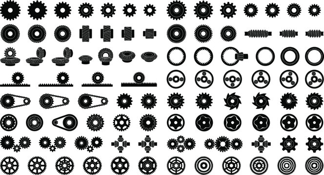 Comprehensive Collection of Mechanical Gear and Cogwheel Silhouettes Including Rack and Pinion Drive Systems for Industrial Engineering and Technical Machinery Projects