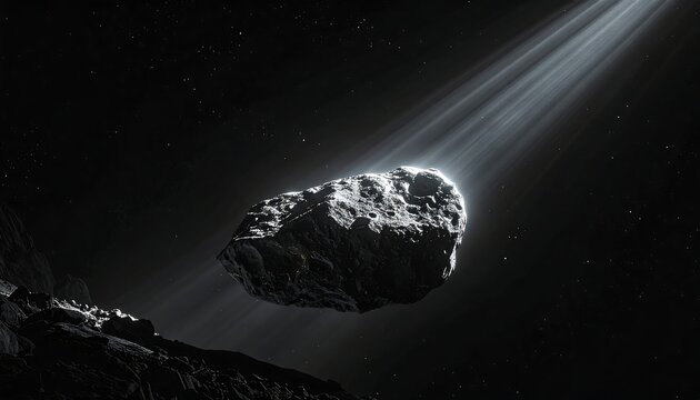 A large asteroid illuminated by sunlight in space (1)