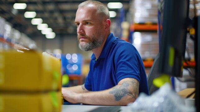 Focused Male Worker with Beard in a Warehouse Setting Engaged in Inventory Management Task