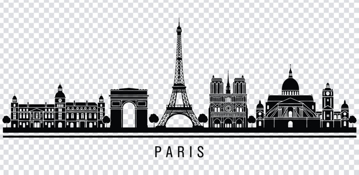 Vector illustration black silhouette of paris city skyline with famous landmarks
